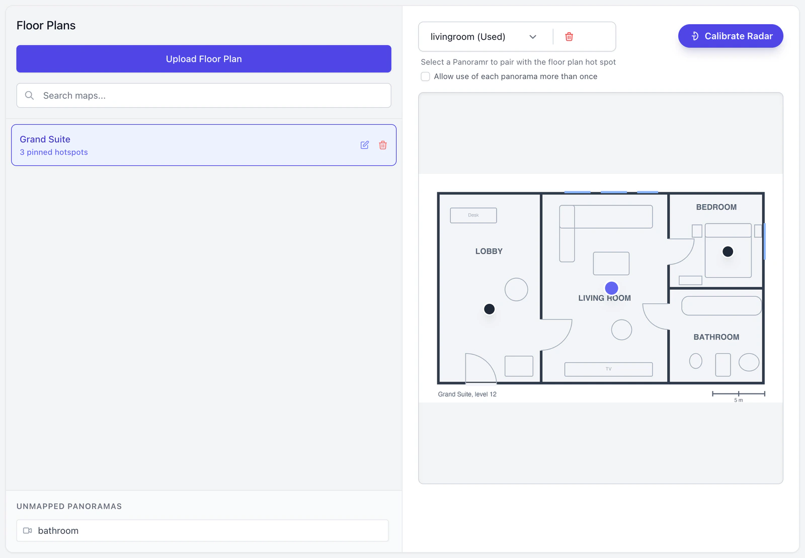 The Floor Plans tab: the plan in the list on the left, and on the right the plan with three pins, one of them selected, and the Calibrate Radar button