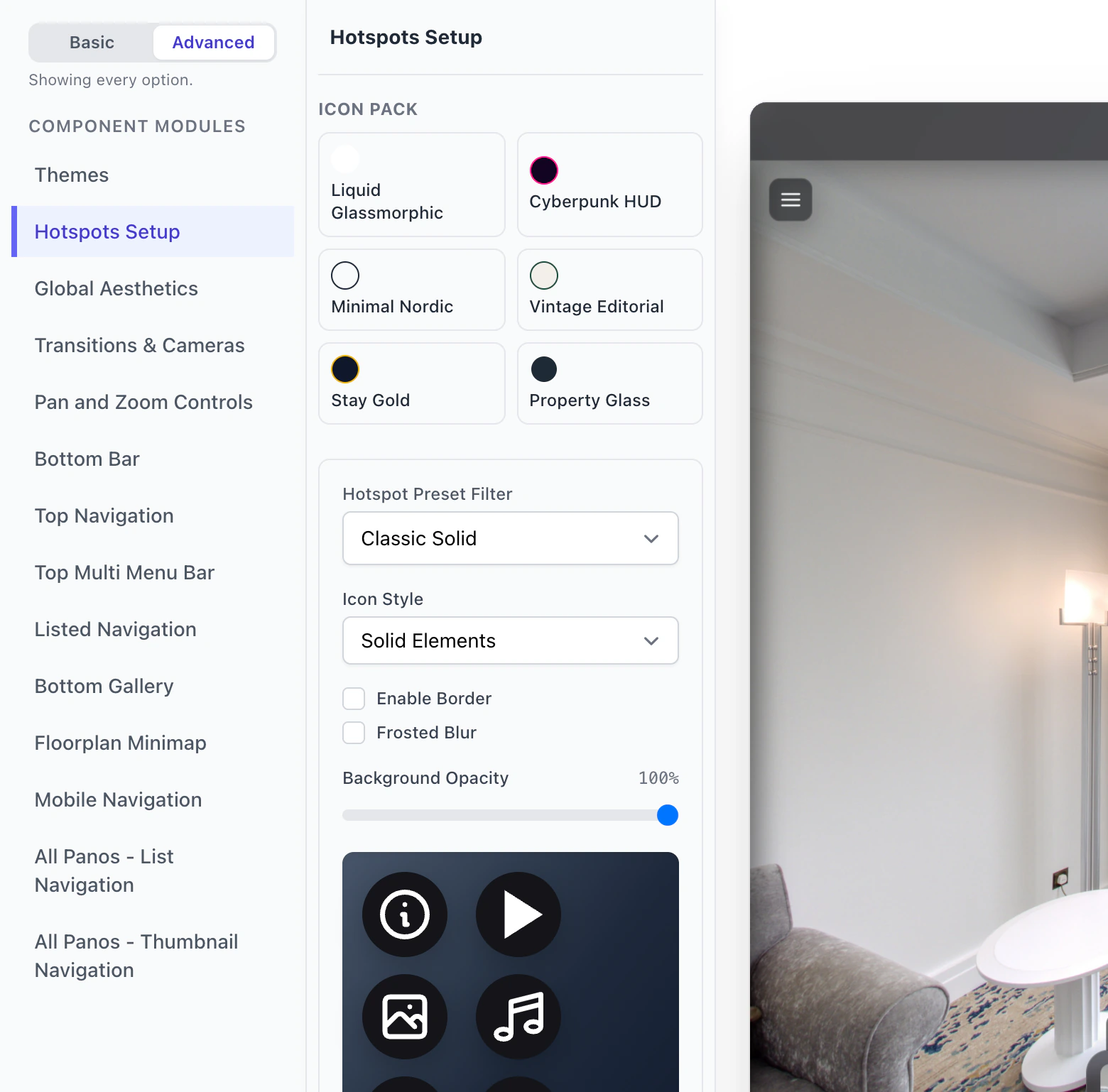 The Hotspots Setup panel in the Advanced view: icon packs, Hotspot Preset Filter, Icon Style, the border and blur boxes, opacity and the sample hotspots
