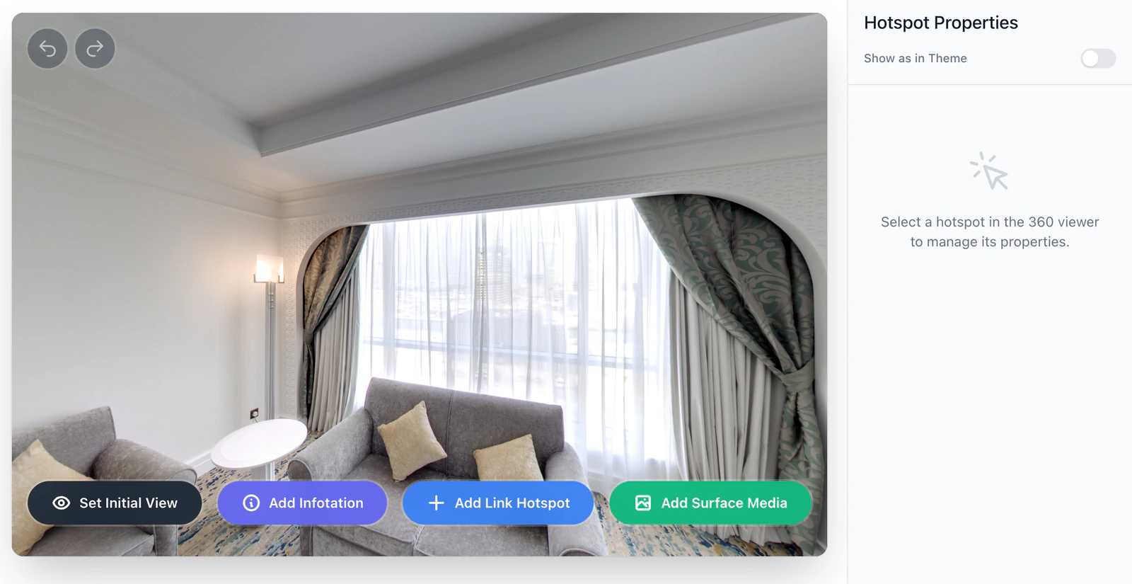 The Hotspots tab of the tour editor: a scene with its hotspots, and the buttons that add a link, an information hotspot or surface media