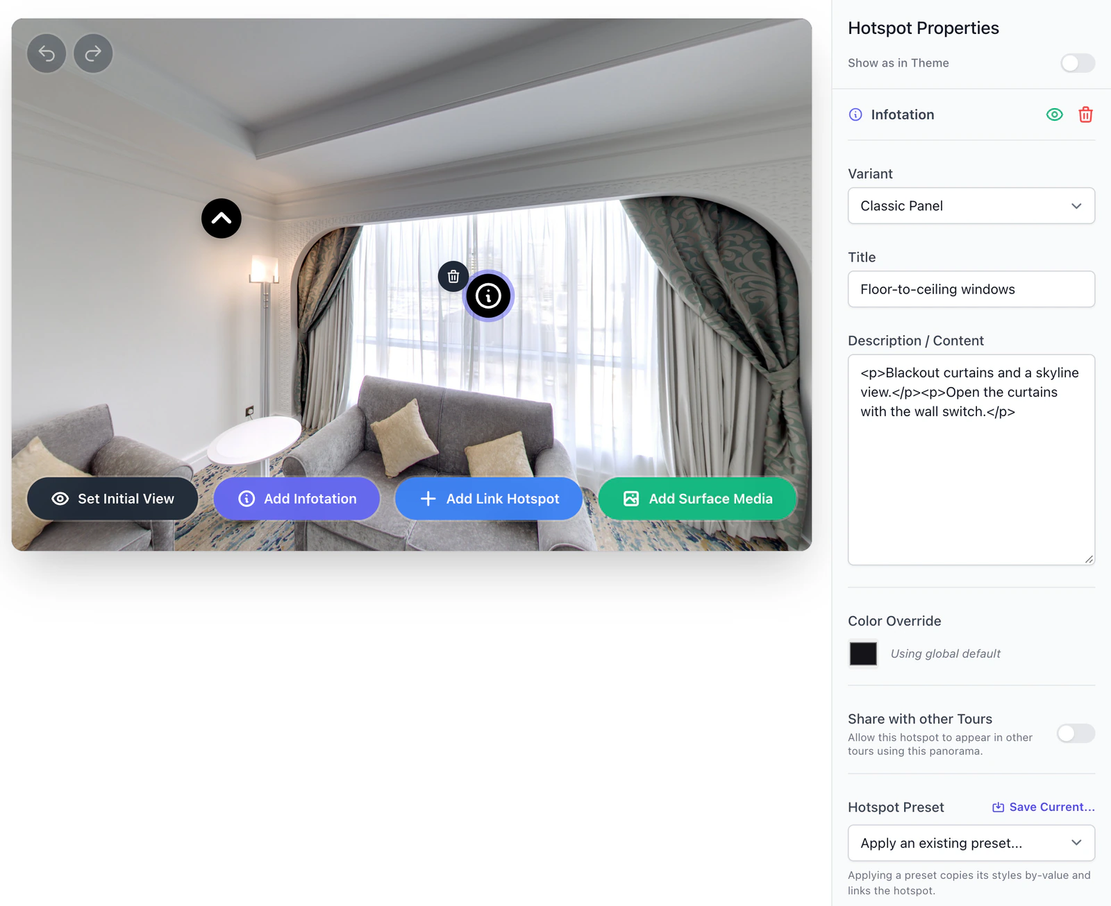 The Hotspots tab with an infotation selected: its Variant, Title and Description / Content in Hotspot Properties, then Color Override, sharing and Hotspot Preset