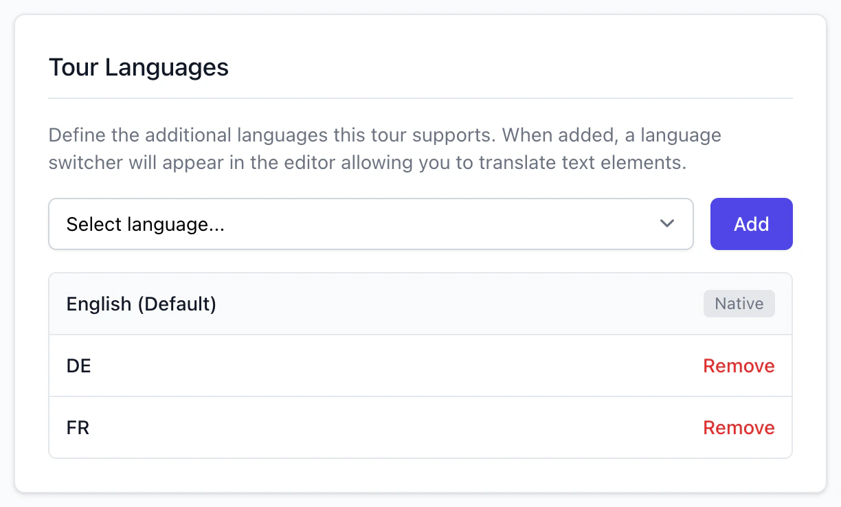 The Tour Languages setting on the Settings tab, with languages added to a tour