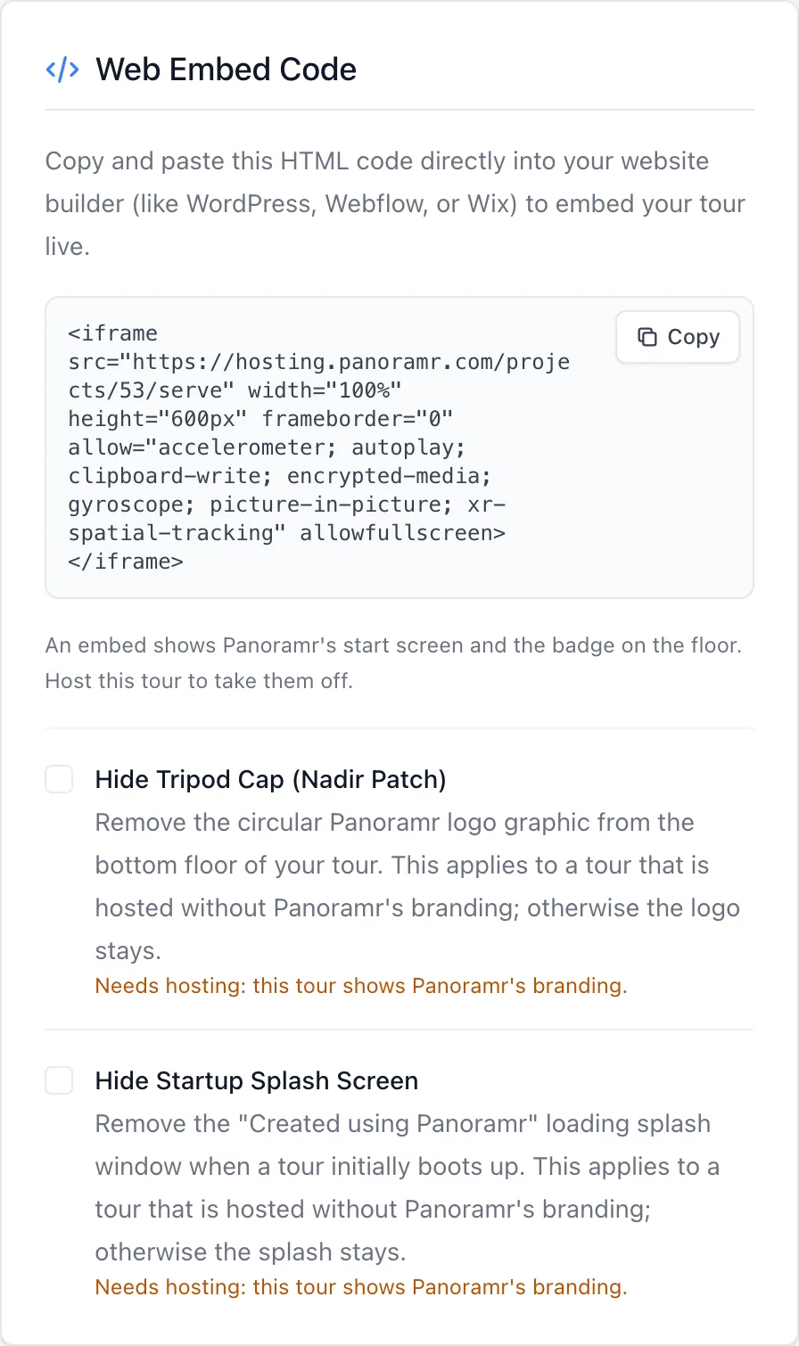 The Publish tab with the Web Embed Code box and its copy button