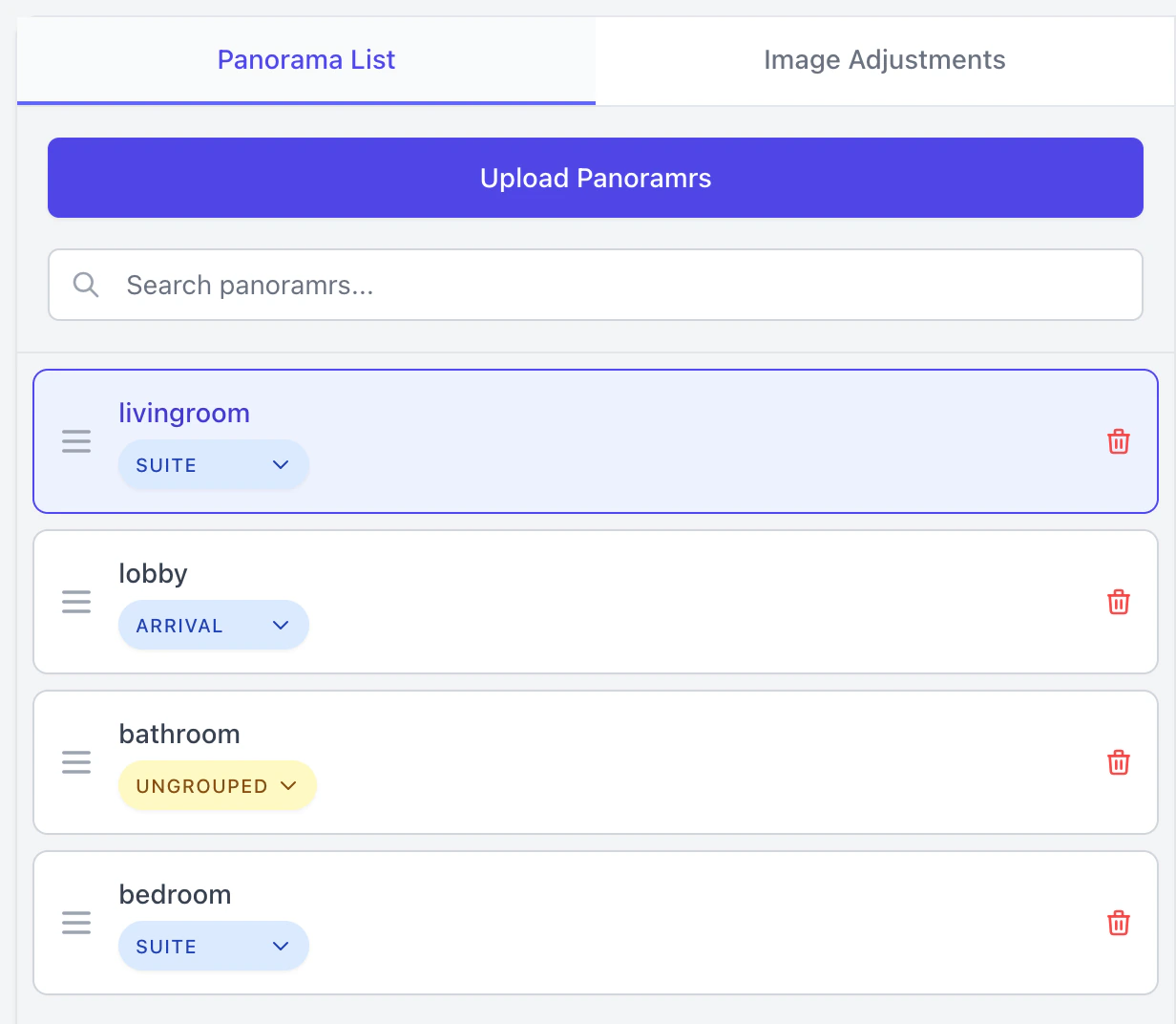 Panorama List on the Panoramrs tab, where each scene has a pill that shows its group, or Ungrouped in yellow