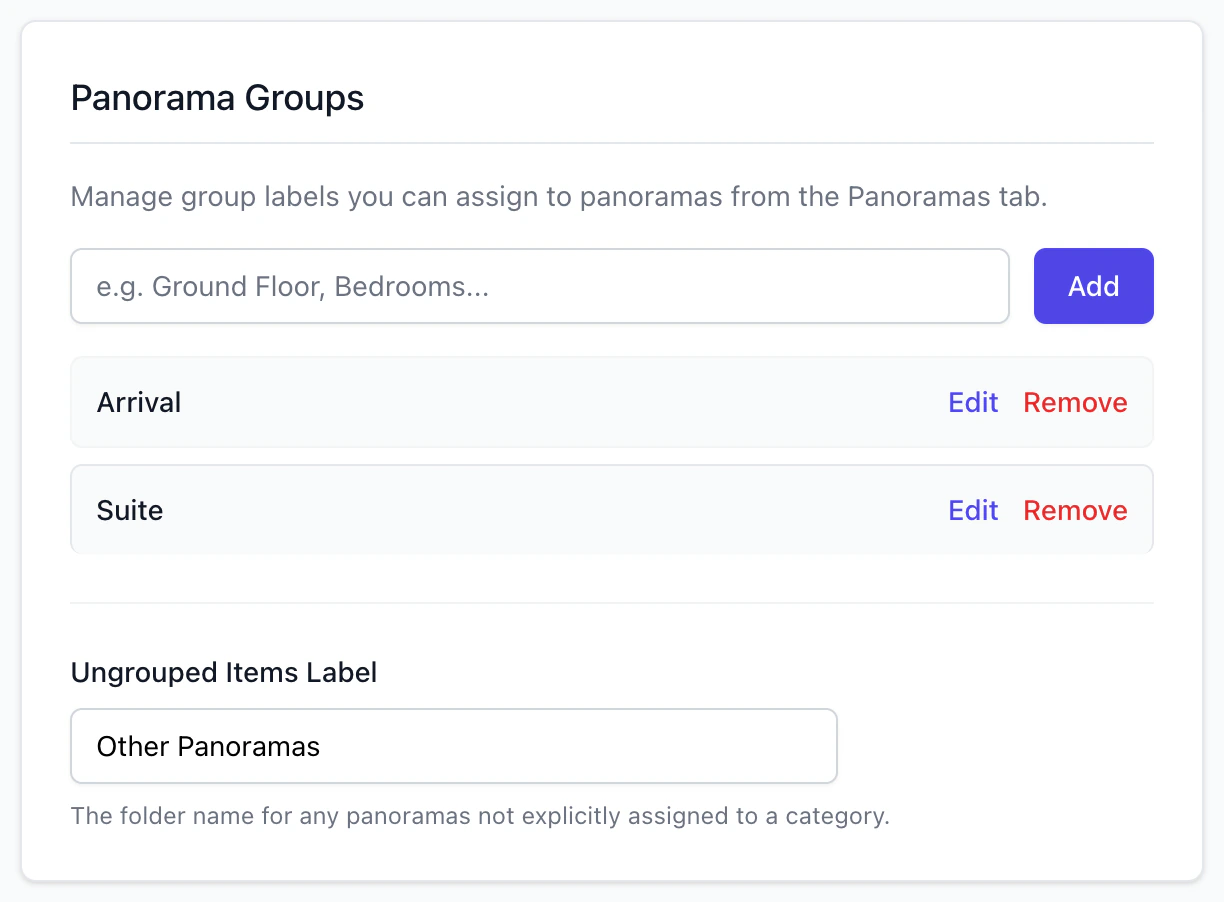 The Panorama Groups card: the box to add a group, the groups Arrival and Suite with Edit and Remove, and the Ungrouped Items Label