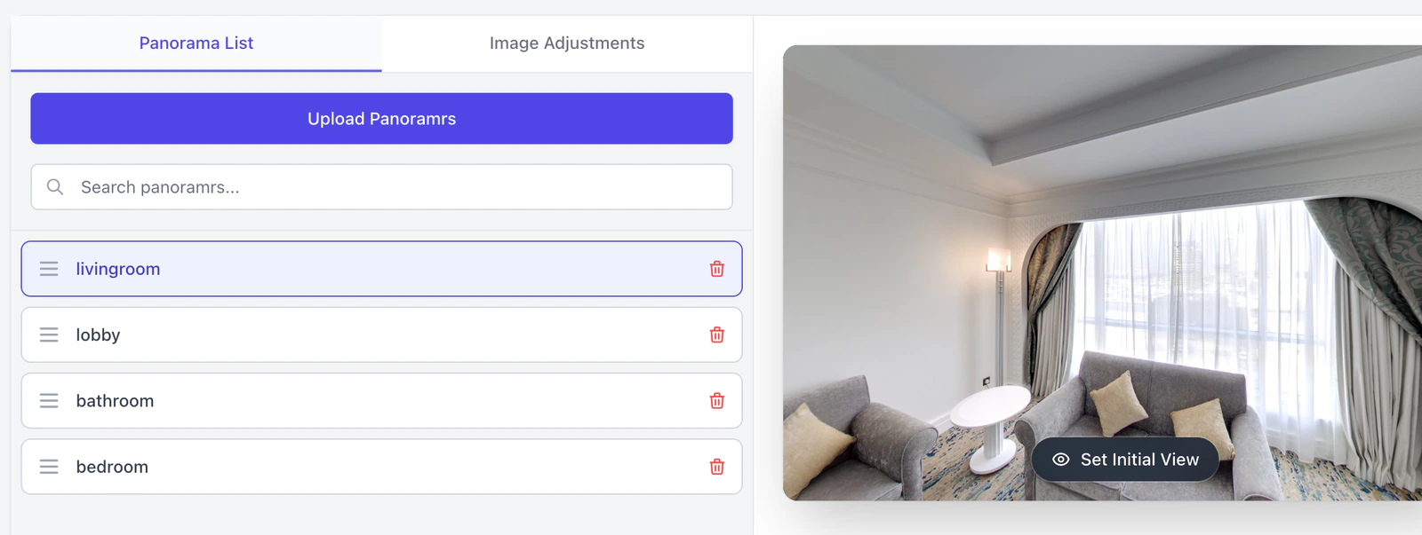 The Panoramrs tab: Panorama List with the four scenes on the left, and the selected scene's picture on the right with Set Initial View along its bottom