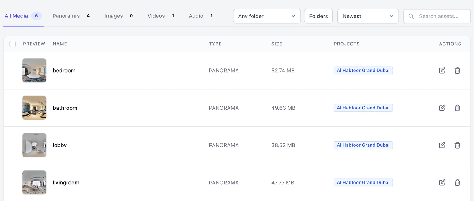 The Asset Library: the tabs with their counts, the folder list, the sort list and the search box, then one row for each panorama