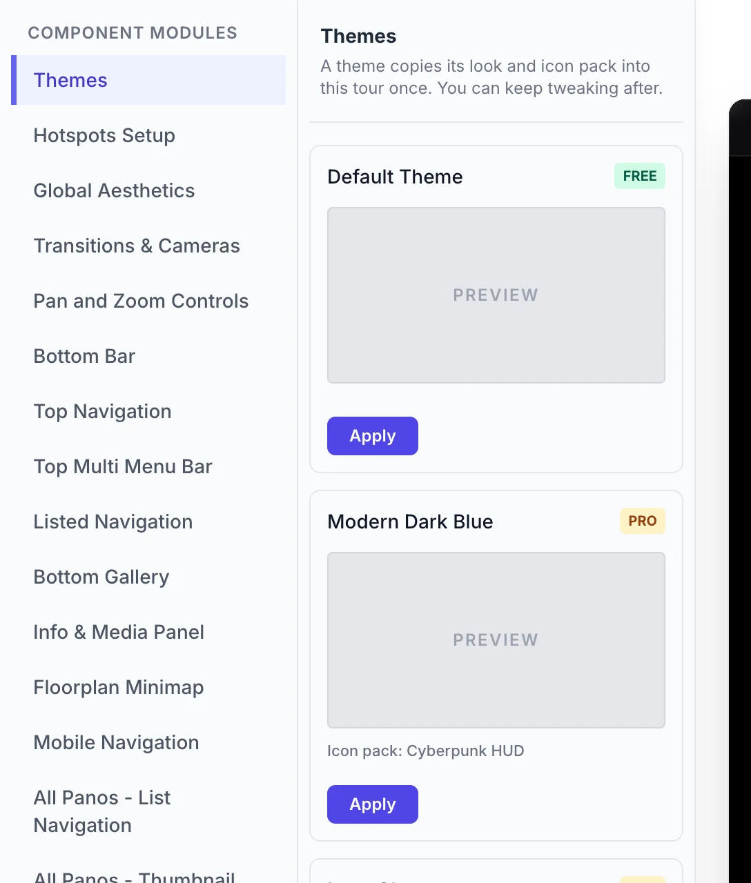 The Themes panel: theme cards, each with a name, a PRO or FREE tag, a gray Preview box and an Apply button