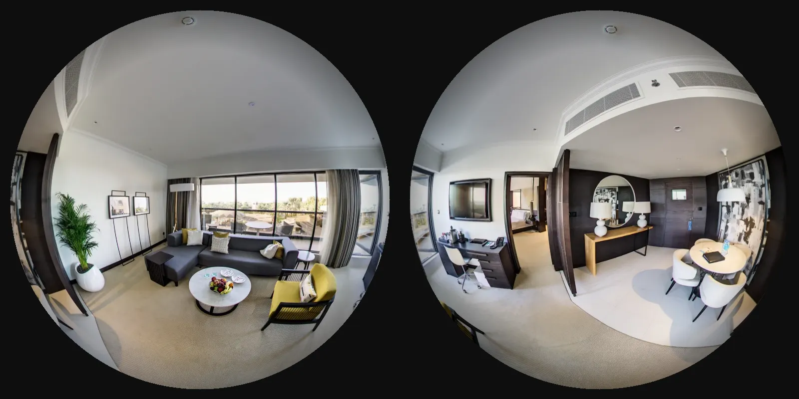 The two round fisheye pictures a 360° camera takes of a hotel lounge, one from each lens, before they are joined into one 360° photo